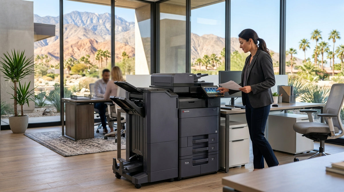 A woman in a black blazer and dark pants stands beside a large dark gray multifunction printer in a modern office with large windows, desert mountains outside, and two people seated at desks in the background.