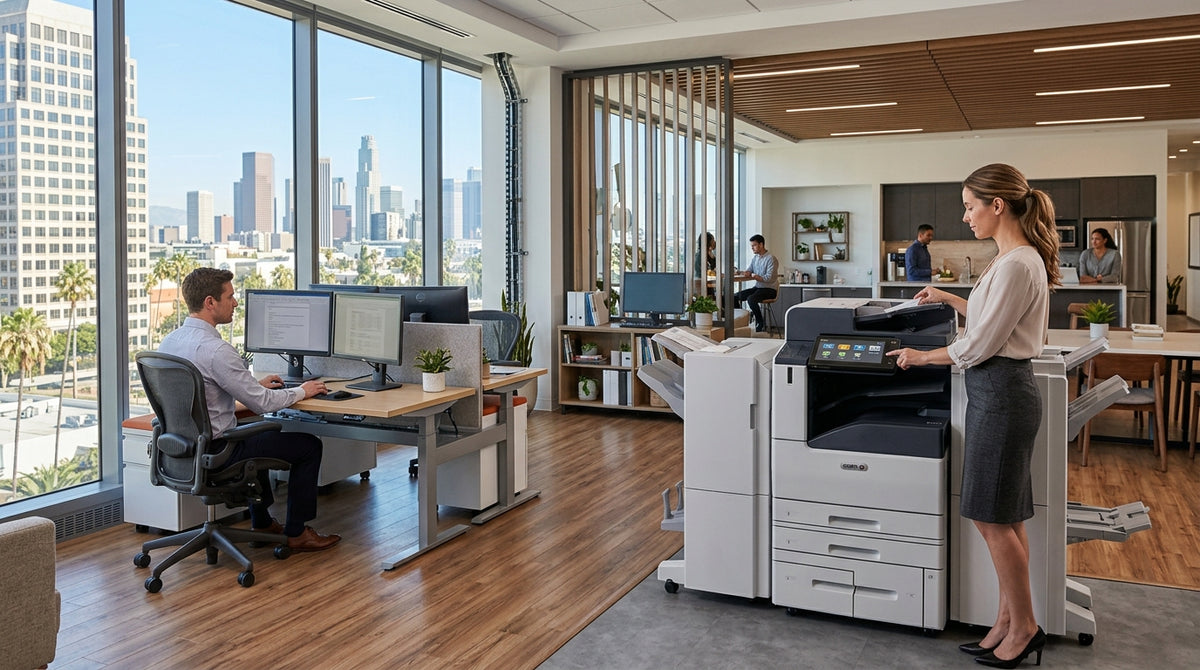 A woman stands next to a large office copier machine in a modern, sunlit office space with city views. A man is seated at a computer desk nearby.