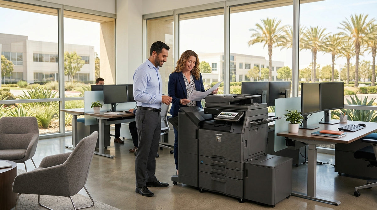 A large black and gray multifunction printer sits in a bright modern office with two people standing beside it, one holding papers. Large windows, desks, chairs, and palm trees are visible in the background.