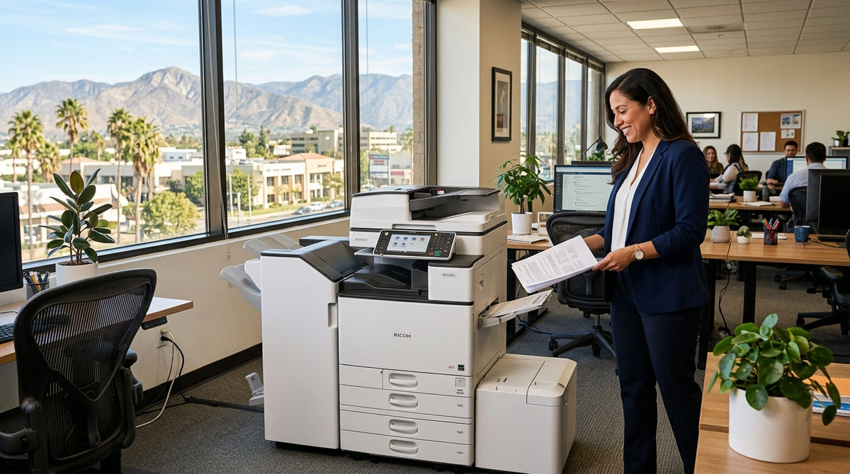 A woman in a navy blazer stands in a bright office next to a large white and gray Konica minolta multifunction printer, holding papers. The office has large windows showing a mountain view, desks, and other office workers in the background.