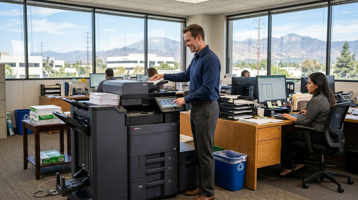 A man in a navy blue sweater and gray pants operates a large black and gray commercial document scanner in an office setting with large windows showing mountains in the background.